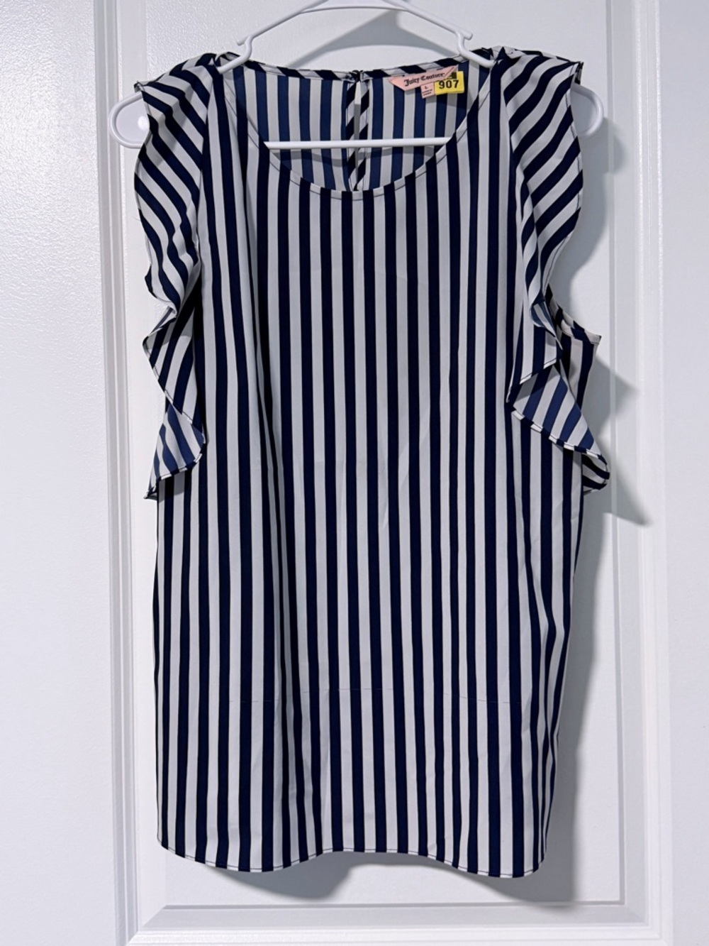 Juicy Couture Navy & White Vertical Stripe Ruffle Sleeve Blouse